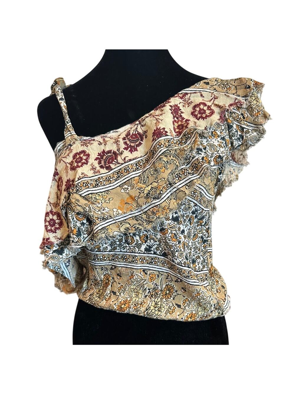 Blue Life Cold Shoulder Top Rayon Paisley Ruffle Crop Blouse Whimsigoth Preppy